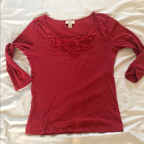 LOFT Women's Pink/Red Top with Floral Neckline—Small - Picture 6 of 7